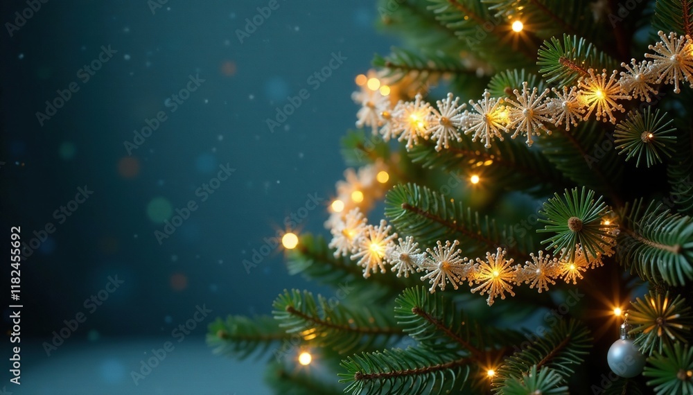 Sparkling garland wraps around a tall Christmas tree, delicate, snowflake Sparkling garland wraps around a tall Christmas tree, delicate, snowflake