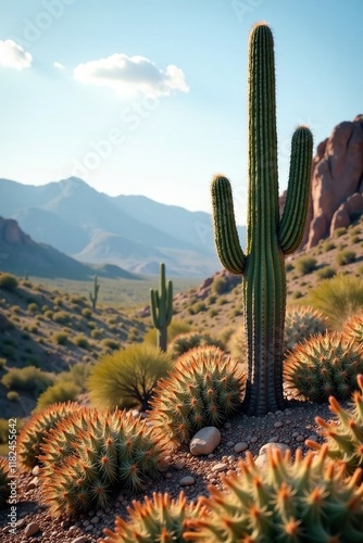 Prickly desert landscape with a lone cactus in the foreground, terrain, natural
