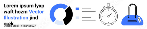 Progress chart displaying segments, stopwatch indicating time management, and a handbag for personal items. Ideal for productivity, organization, time tracking, shopping, ecommerce, personal