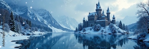 Snowflakes gently fall on the castle's frozen moat, castle, serene