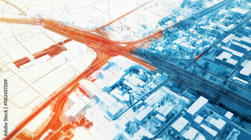 Obraz premium Abstract city model, roads, buildings, aerial view.