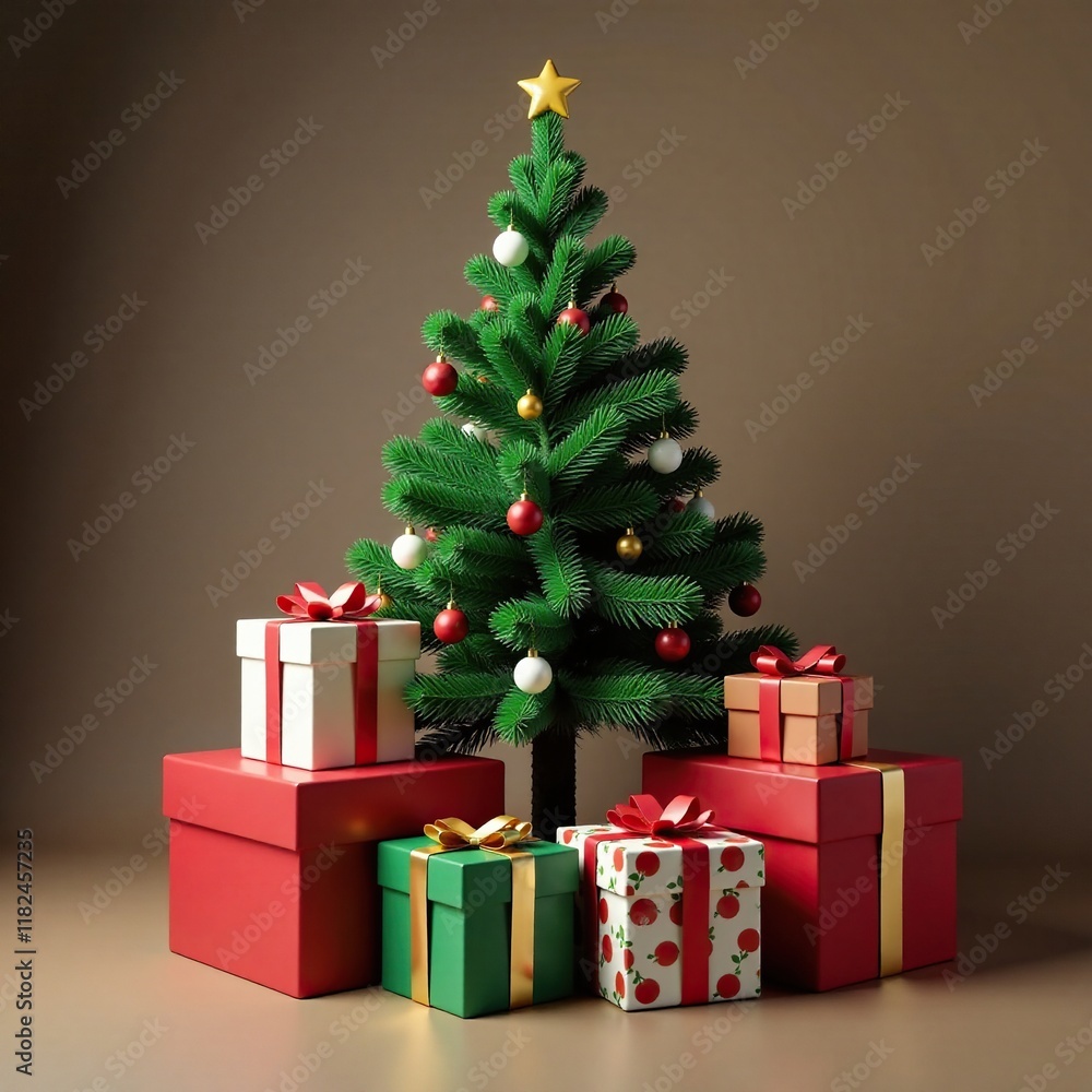Obraz premium Gift boxes stacked around a towering Christmas tree, wrapping paper, presents, colorful
