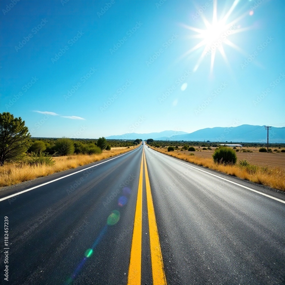 Long stretch of empty asphalt road under bright sunny sky, road, asphalt road Long stretch of empty asphalt road under bright sunny sky, road, asphalt road