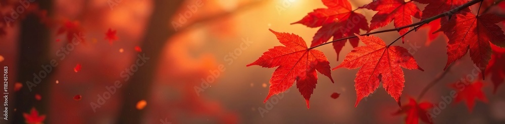 Amber hues on crimson maple leaves fall gently down, red, autumn leaves, foliage Amber hues on crimson maple leaves fall gently down, red, autumn leaves, foliage