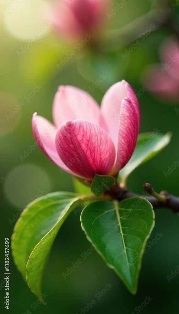 Delicate pink petals unfurl on a lush green peach branch, nature, spring flowers Delicate pink petals unfurl on a lush green peach branch, nature, spring flowers