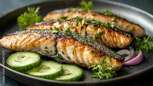 Grilled fish with cucumber salad on dark plate photo