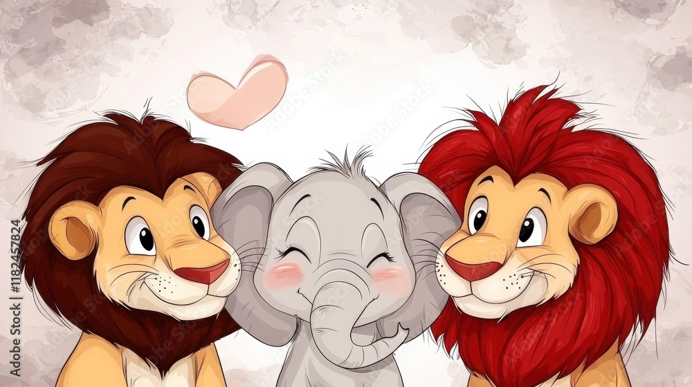Fototapeta premium A group of three cartoon lions and an elephant with a heart in the background