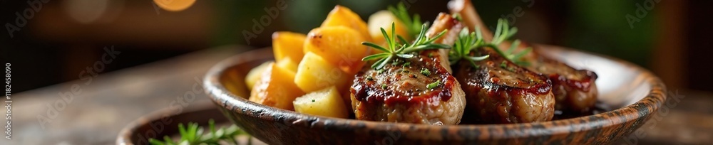 Platter of lamb chops with roasted potatoes and rosemary, served in a rustic stone bowl, rosemary, meal Platter of lamb chops with roasted potatoes and rosemary, served in a rustic stone bowl, rosemary, meal