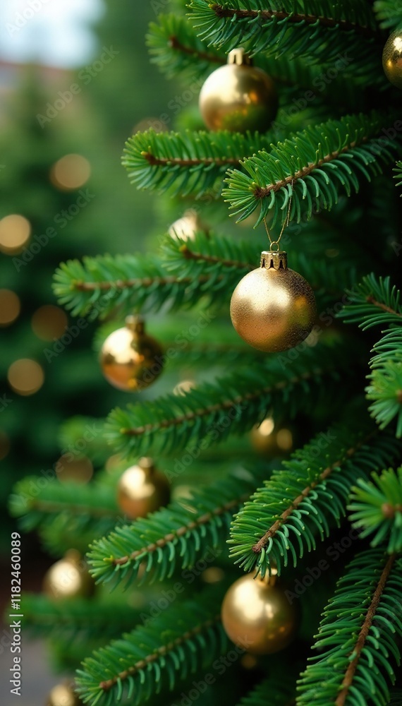 Evergreen tree branches with green leaves and golden ornaments, garden, potted Evergreen tree branches with green leaves and golden ornaments, garden, potted