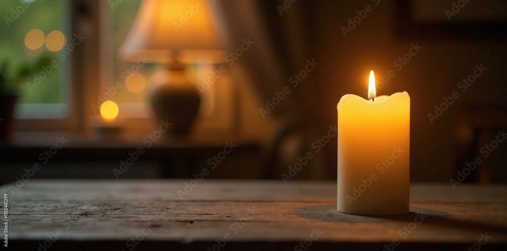 A delicate golden bokeh surrounds a single candle on a wooden table, warm tones, golden bokeh, quiet evening A delicate golden bokeh surrounds a single candle on a wooden table, warm tones, golden bokeh, quiet evening