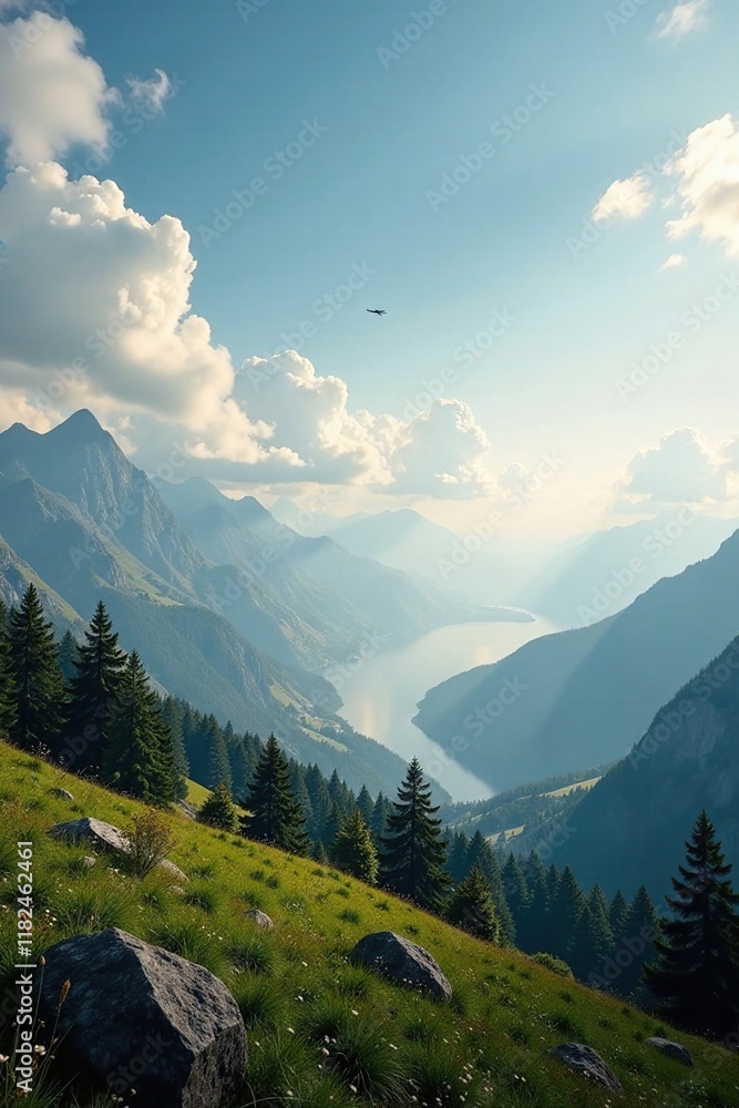 Obraz premium Panorama ?ber eine weite Landschaft mit dichten Wolken, grau, Nebel, flugzeug