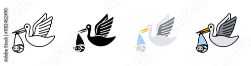 Stork with baby icons vector set for UI designs