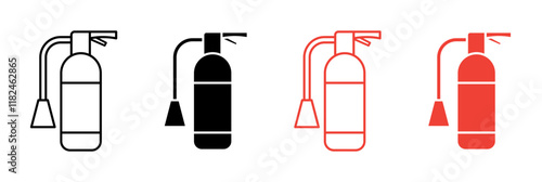 Fire extinguisher icons set in black filled and stroke line style