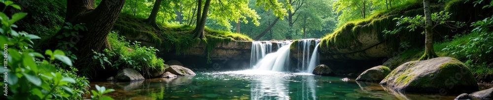 Fototapeta premium Forest clearing with a sunlit waterfall and lush greenery, idyllic, serene