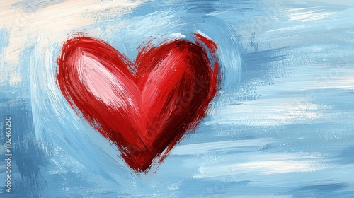 A red heart painted on a blue and white background