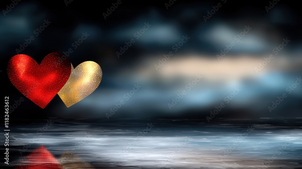 Obraz premium A couple of red and gold hearts floating in the water