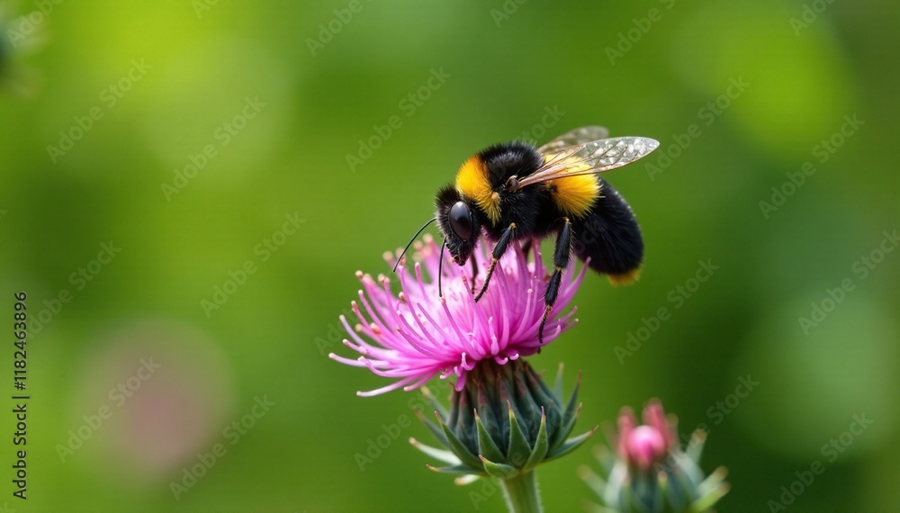 Helophilus trivittatus sipping nectar from a thistle in mid-air, insect, Palearctic Helophilus trivittatus sipping nectar from a thistle in mid-air, insect, Palearctic