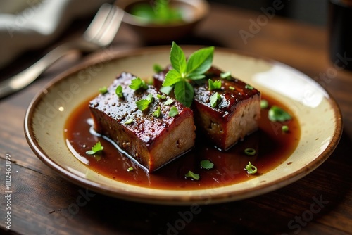 A plate of slow-cooked short ribs in a rich demiglace, short ribs, demiglace, beef photo