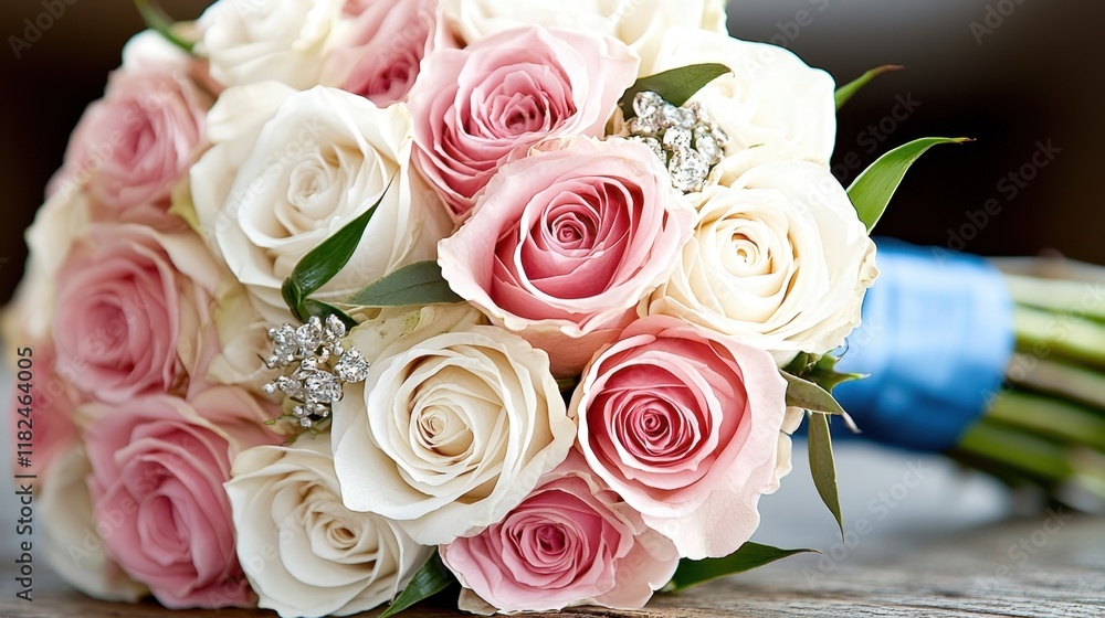 Obraz premium A bouquet of pink and white roses on a wooden table