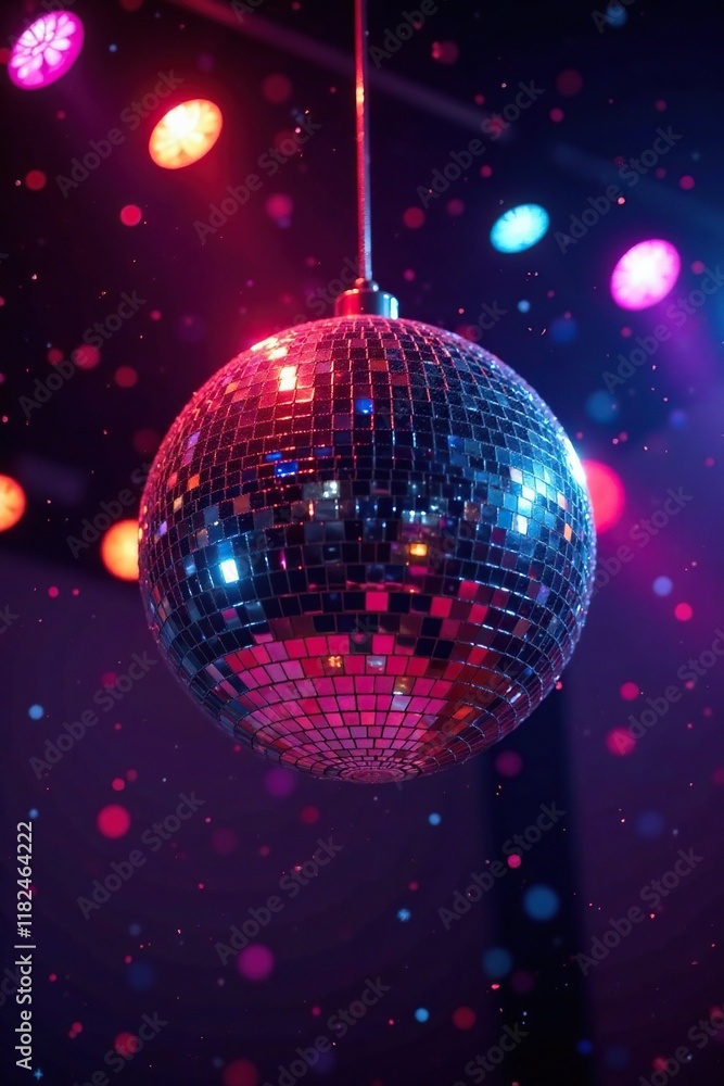 Obraz premium A large glittering disco mirror ball suspended from the ceiling, glass, light fixture