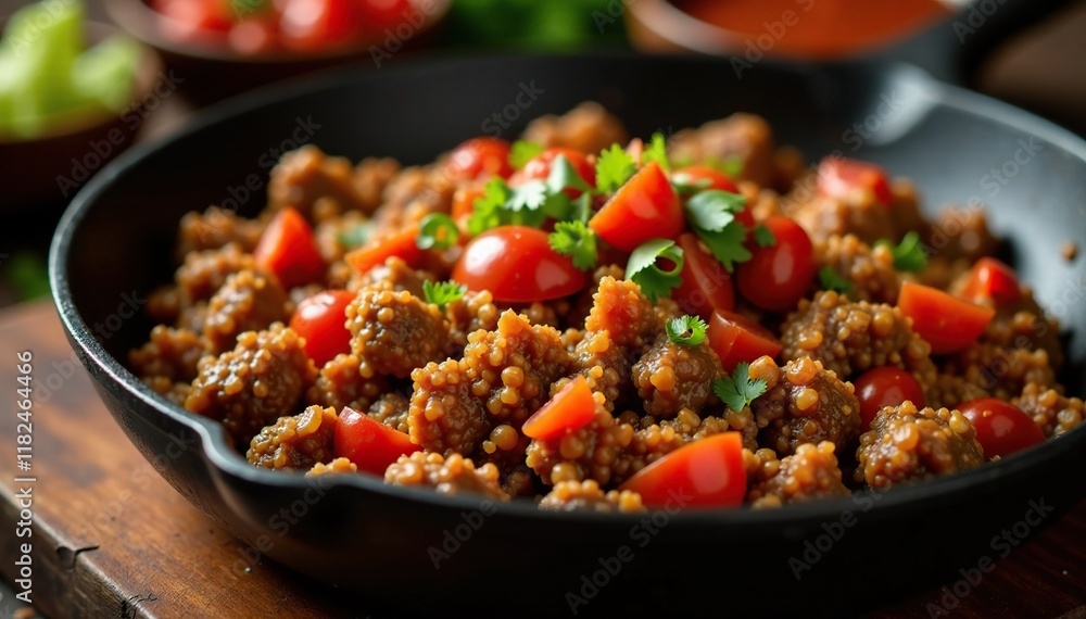 Beef mixture with salsa in a sizzling skillet, savory, ground meat, salsa Beef mixture with salsa in a sizzling skillet, savory, ground meat, salsa
