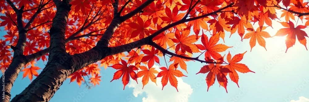 Branches of a red leaf tree stretching towards the sky, yellow, colors, autumn Branches of a red leaf tree stretching towards the sky, yellow, colors, autumn