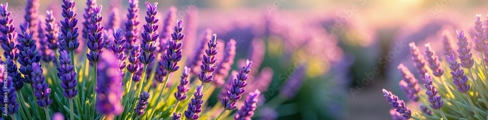 Fototapeta premium Field of purple lavender with a few scattered leaves, grass, sunlight, green