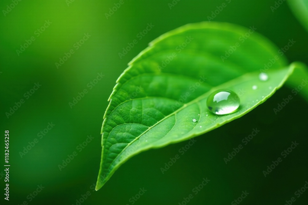 Fototapeta premium Isolated green leaf with small water droplets on stem, tiny drops, small water droplets