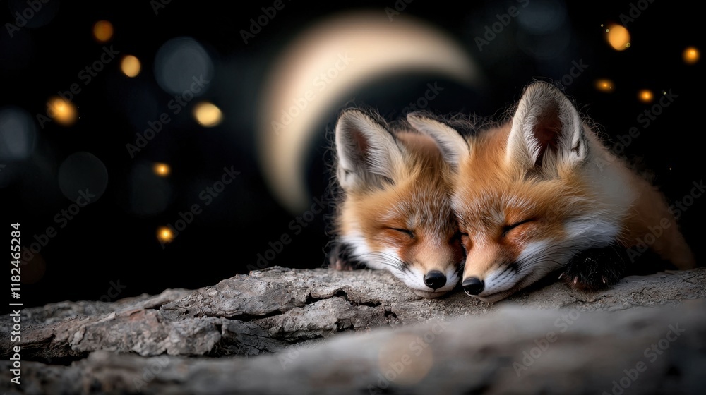 Obraz premium A couple of foxes sleeping on top of a log