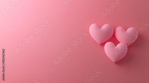 Three pink hearts on soft pink background for romantic and loving themes