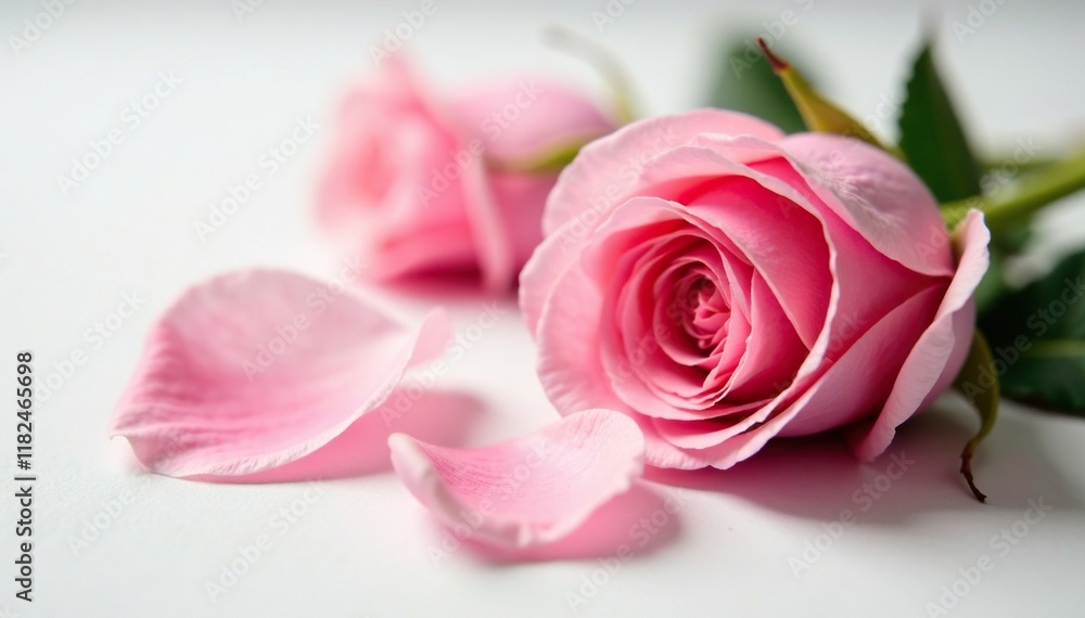 Fototapeta premium Delicate rose petals unfolding on a serene white surface, flower, floral arrangement