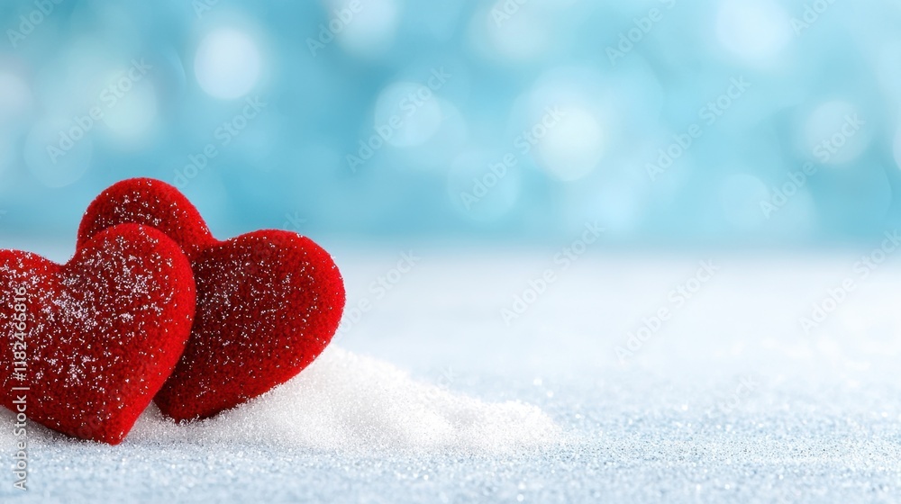 Fototapeta premium Two red hearts sitting on top of a pile of snow