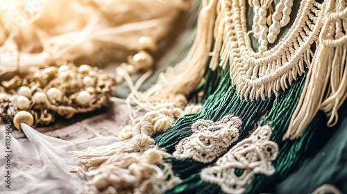 Bohemian Macrame Necklace Jewelry with Green and Beige Tassels