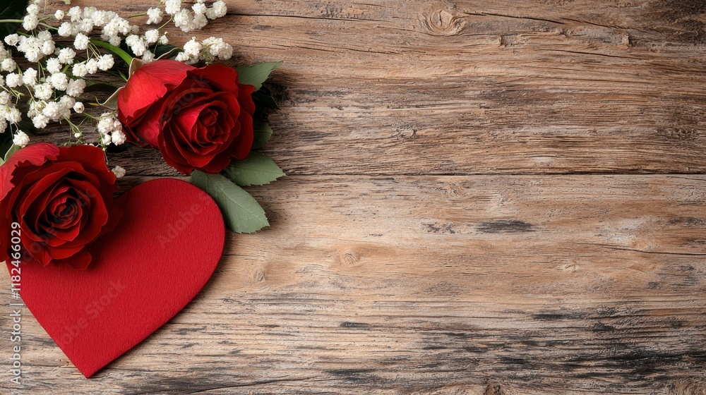Two red roses and a red heart on a wooden surface Two red roses and a red heart on a wooden surface