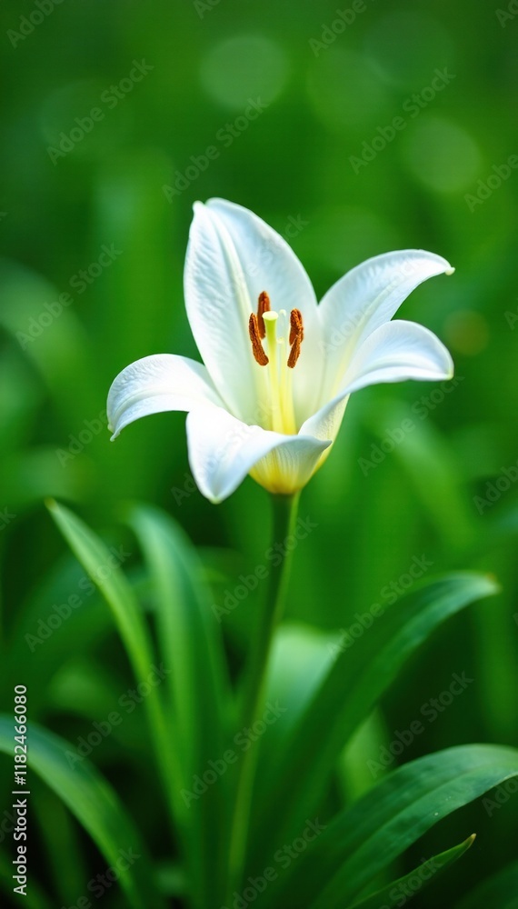 Fototapeta premium Delicate white lily blooms on lush green grass, flora, lily, botanical