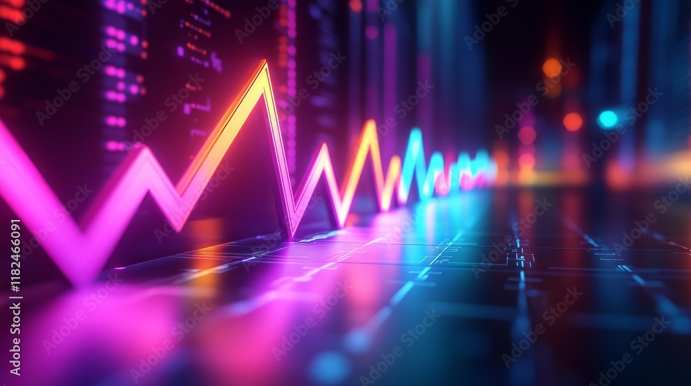 Colorful neon financial data visualization with vibrant light effects and reflective surface Colorful neon financial data visualization with vibrant light effects and reflective surface