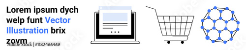 Laptop displaying a document, a shopping cart, and an abstract network structure. Ideal for business presentations, e-commerce, digital content, networking, and technology. Banner for landing page