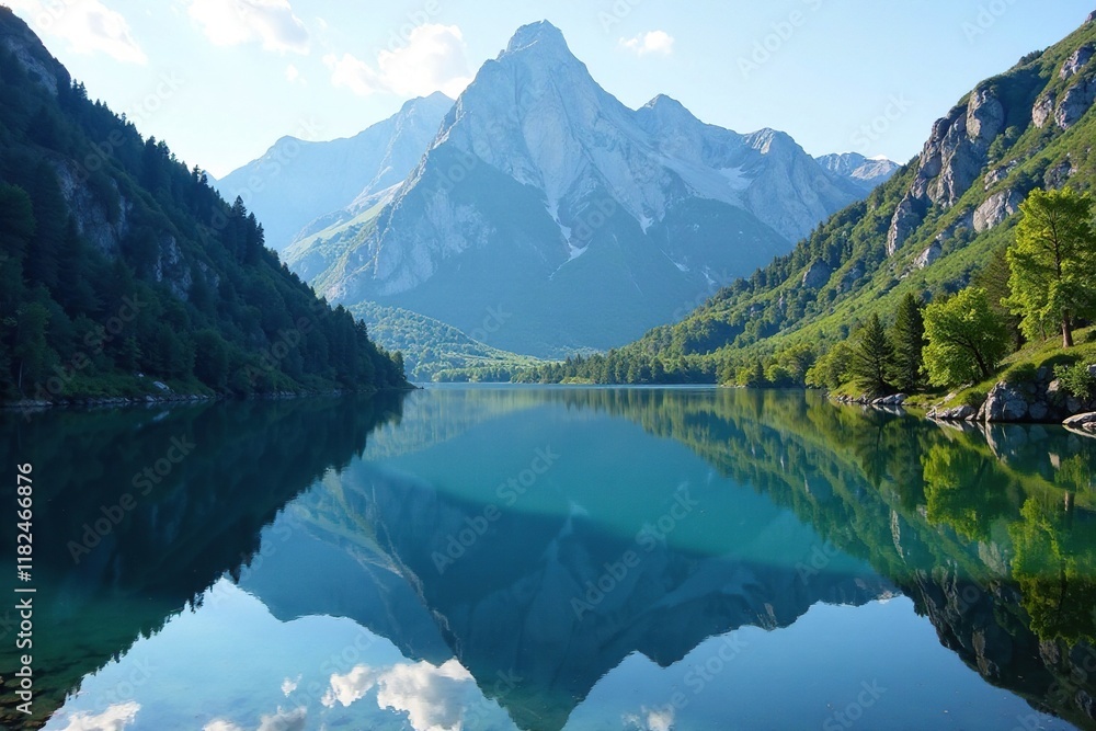 Fototapeta premium Serene lake water reflected in surrounding mountains peaks, peaceful, rocky terrain, nature