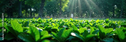 Tea plants under sprinklers in a lush garden at night, plantation, water droplets photo