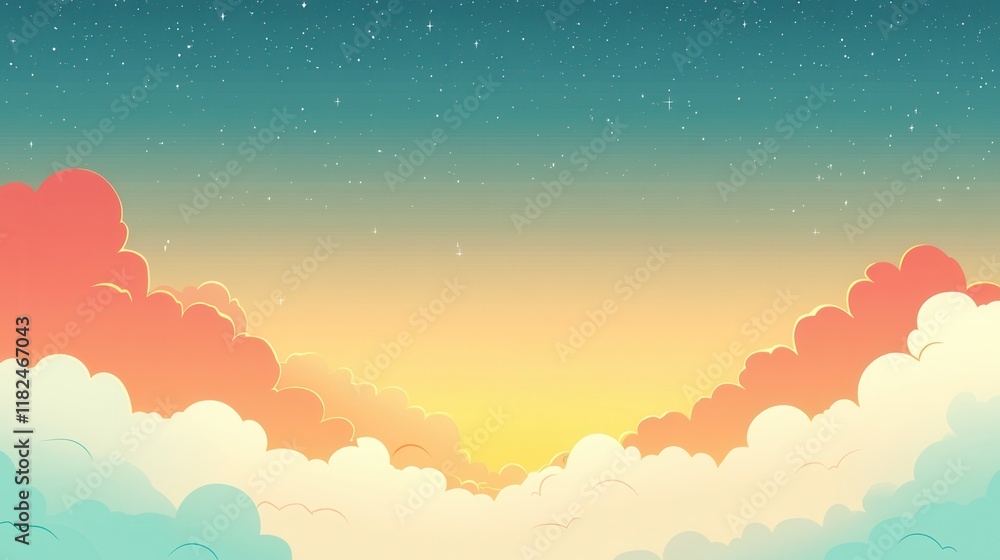 Fototapeta premium Tranquil sunrise over fluffy clouds serene sky digital artwork pastel gradient soft viewpoint calm concept