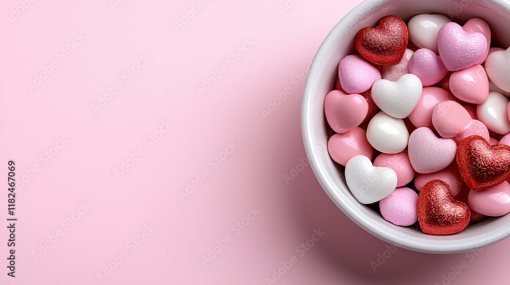 A bowl filled with pink and white hearts on a pink background