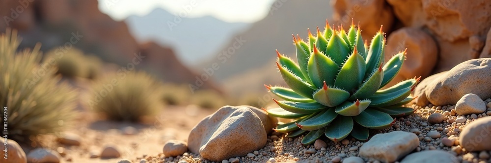 Desert plant thrives in harsh conditions of rocks, desert landscape, succulent leaves, cacti Desert plant thrives in harsh conditions of rocks, desert landscape, succulent leaves, cacti