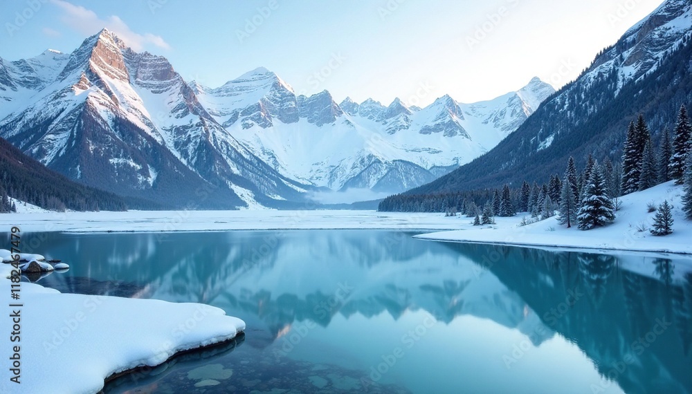 Frozen lake with snow-capped mountains in the background, mountain range, cold climate