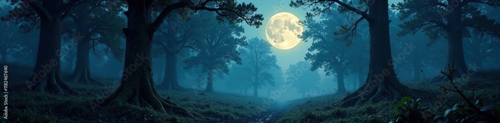 Fototapeta premium Moonbeams dance through the haunted forest's underbrush, moonlight, glowing trees