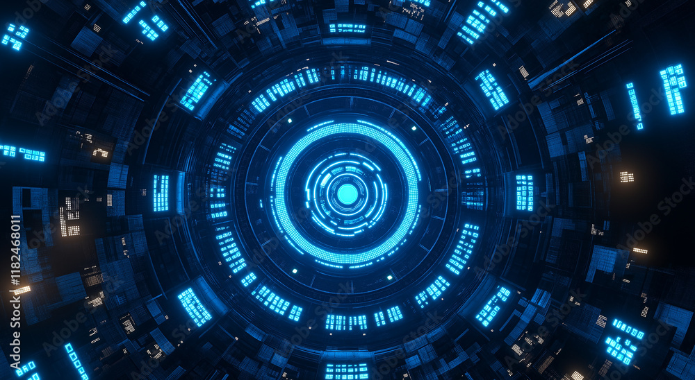 A blue, glowing cityscape with towering skyscrapers, covered in binary code and digital patterns A blue, glowing cityscape with towering skyscrapers, covered in binary code and digital patterns