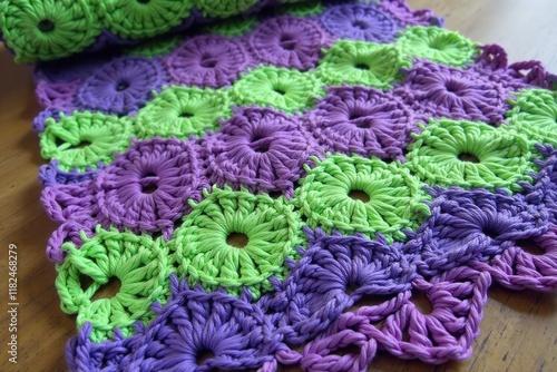 Multicolor green and purple crocheted fabric for crafts, double crochet, multicolor, handmade photo