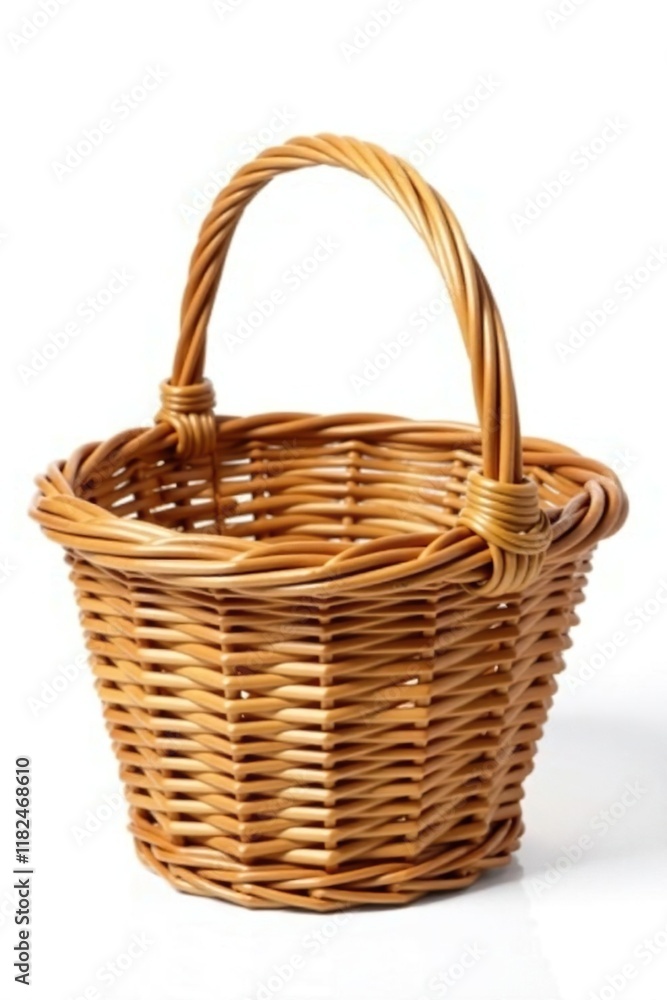 Handle of wicker basket isolated against bright white, cord, functional, woven Handle of wicker basket isolated against bright white, cord, functional, woven