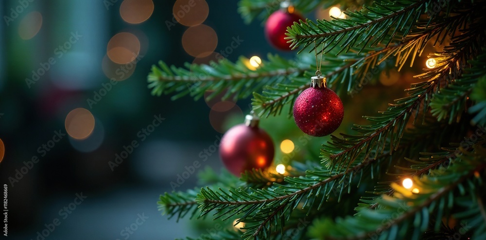 Evergreen tree decorated with fairy lights and ornaments, evergreen, decorations Evergreen tree decorated with fairy lights and ornaments, evergreen, decorations