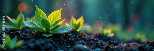 Ethereal plant life radiates gentle light on night soil, glowing plants, peaceful ambiance photo