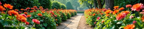 Exotic flower beds and pathways in a lush Indian Char Bagh garden, Flowers,
